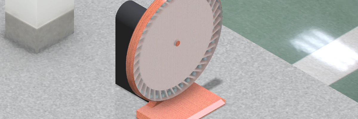 3D render of an overbalanced wheel in what looks like a lab environment.